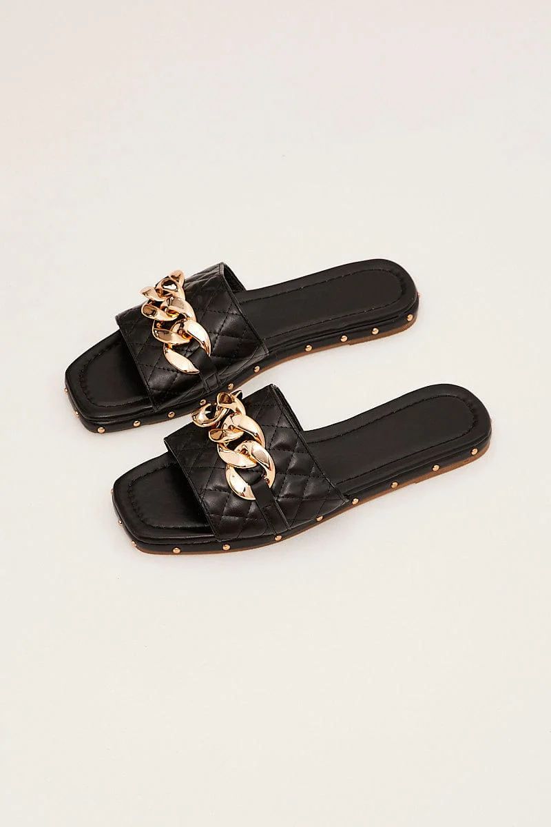 Black Chain Decor Quilted Slides Slippers | Ally Fashion (US, Australia & New Zealand)