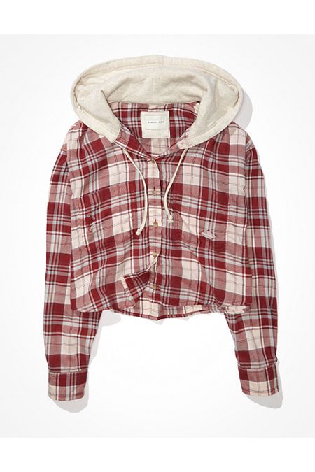 AE Plaid Hooded Cropped Flannel Shirt | American Eagle Outfitters (US & CA)