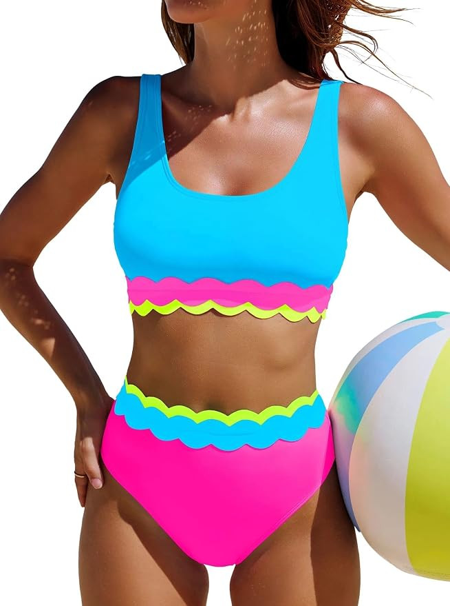 popvil High Waisted Bikini Sets for Women Two Piece Swimsuit Neon Scalloped Trim Bathing Suit for... | Amazon (US)
