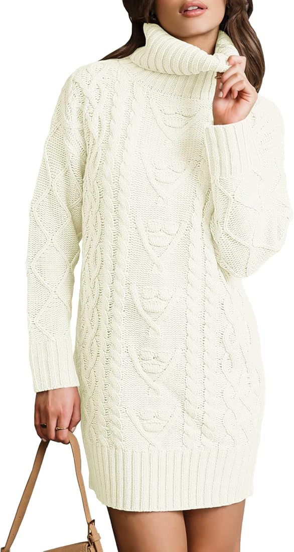 ANRABESS Women Turtleneck Long Sleeve Oversized Cable Knit Chunky Pullover Short Sweater Dresses | Amazon (US)