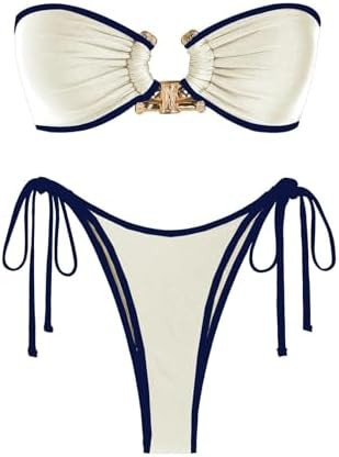 ZAFUL Metal Ring Bandeau Bikini Set Tie Side Bathing Suit High Cut 2 Piece Swimsuit Cutout Swimwe... | Amazon (US)