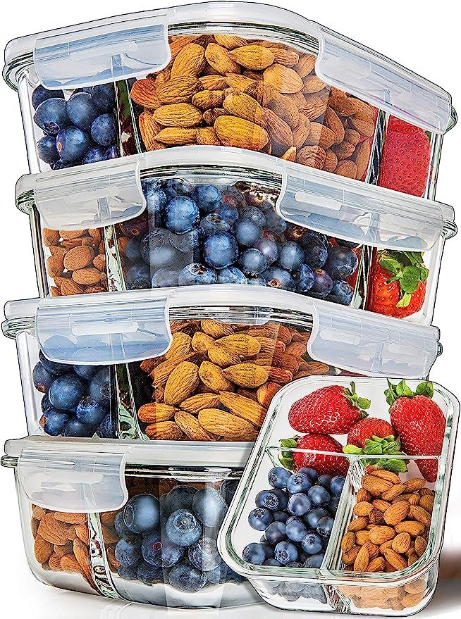 Prep Naturals Glass Meal Prep Containers 3 Compartment 5 Pack - Bento Box Containers Glass Food S... | Amazon (US)