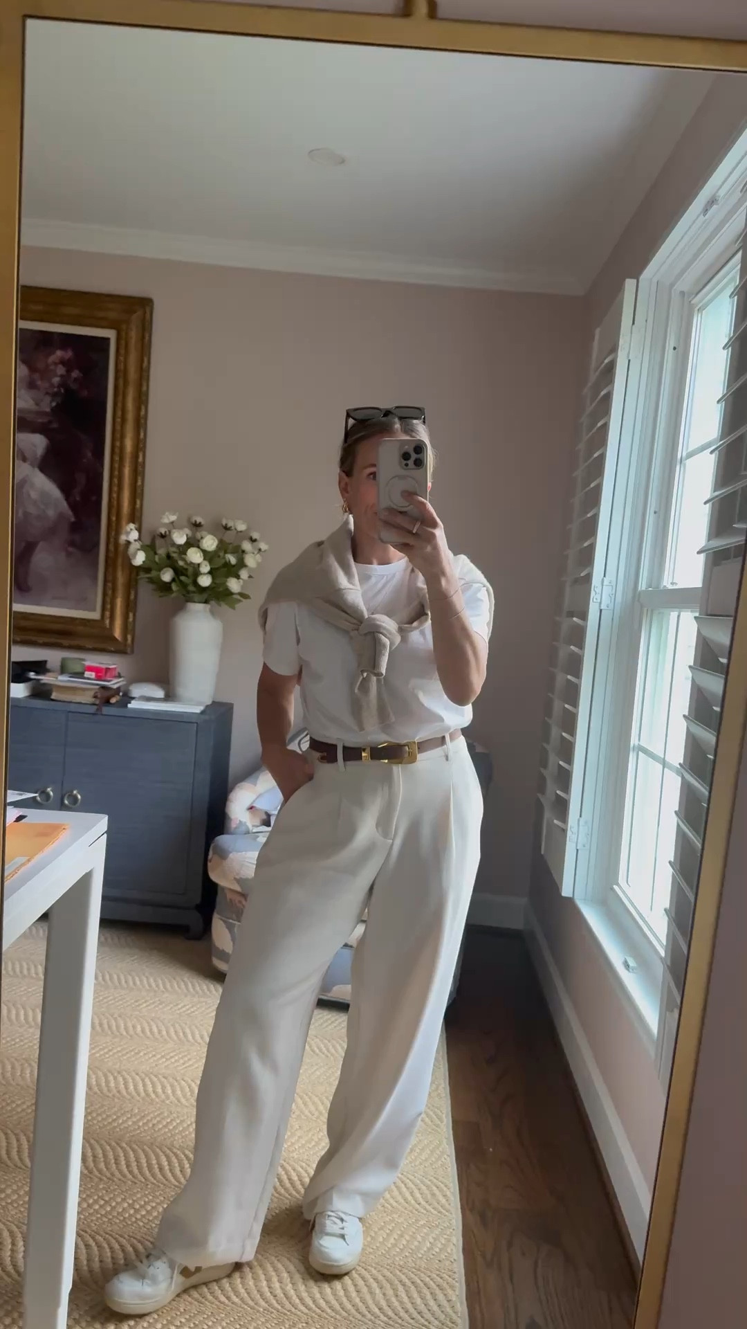 Trousers: size 4 short (come in 3 length!). I sized up from my usual bottoms size (I’m usually a 25 or 26 in jeans) 

Shirt is a small. Size down for a closer fit. 

I wear a 7 in sneakers and got a 37 on my vejas. 

Spring outfit! I wore ballet flats and the sweater for a board meeting and even transitioned to mom mode  

#LTKmomlife #LTKdayinmylife #LTKOver40