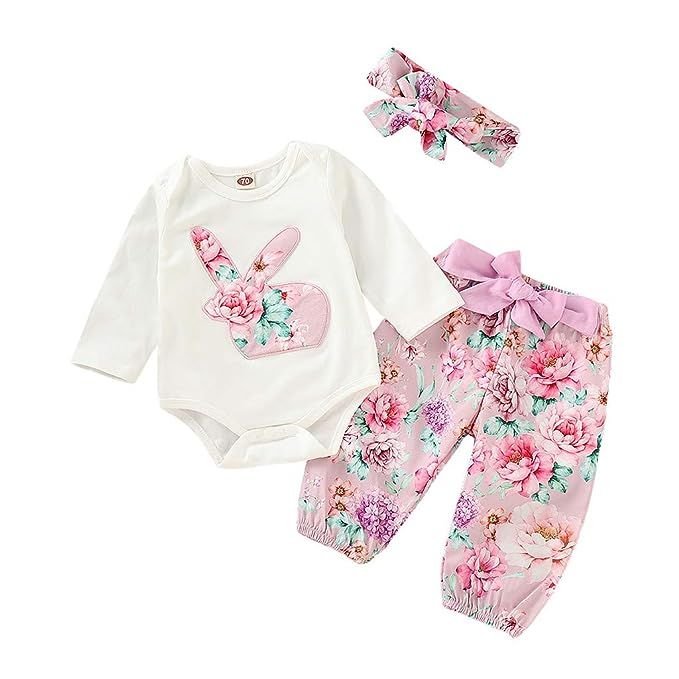 Kehen Infant Baby Girl 3pcs Easter Outfits Long Sleeve Rabbit Print Romper+Dots Long Pants+Headba... | Amazon (CA)