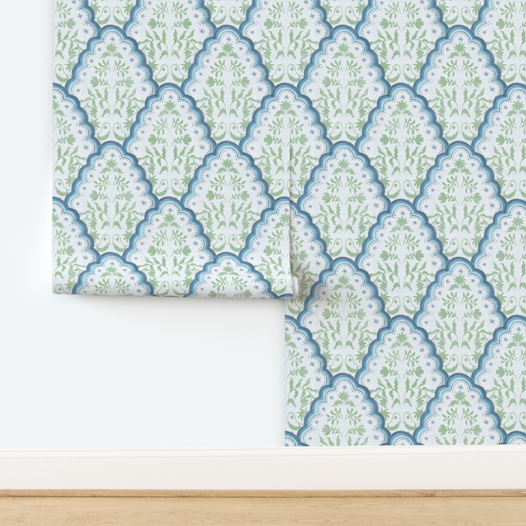 Wallpaper in Large Blue and Green Scallop Paisley | Spoonflower