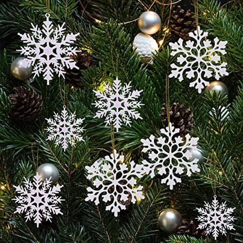 36pcs White Glitter Snowflake Ornaments for Christmas Tree Decorations, Various Size Plastic Hang... | Amazon (US)