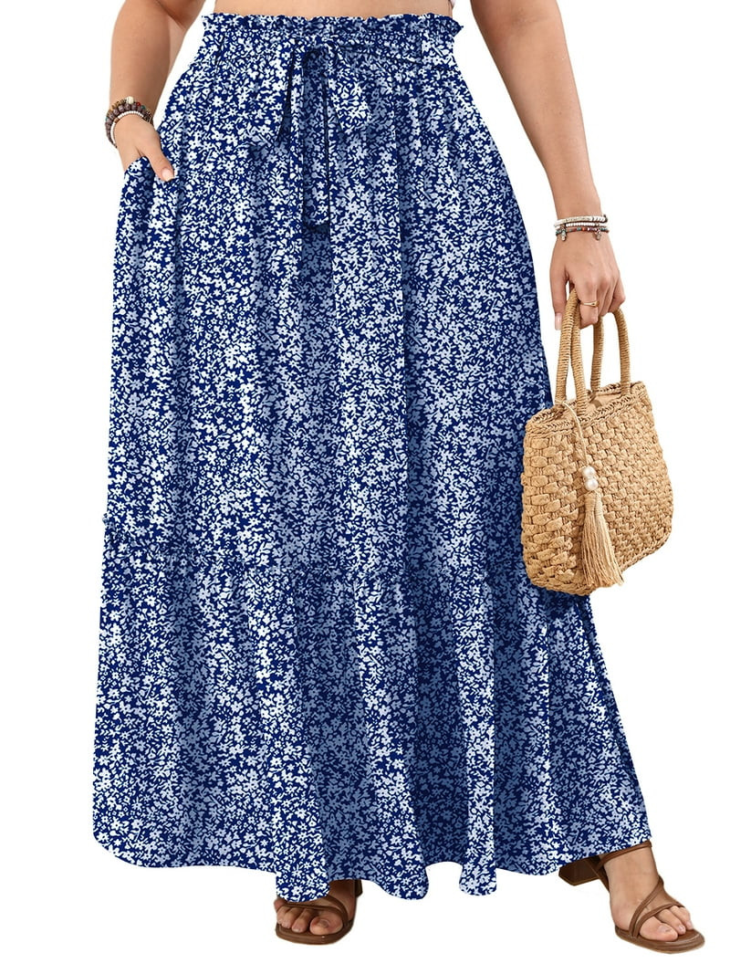 Cueply Women's Plus Size Casual High Waist Tie Front Long Skirts with Pockets Flowy Summer Pleate... | Walmart (US)