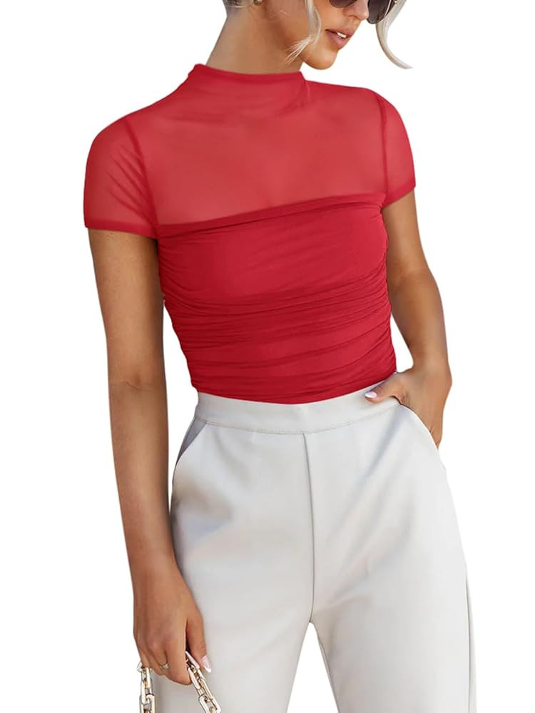 REORIA Women's Sexy Mock Turtle Neck Short Sleeve Shirts Sheer Mesh Ruched Trendy Going Out Bodys... | Amazon (US)