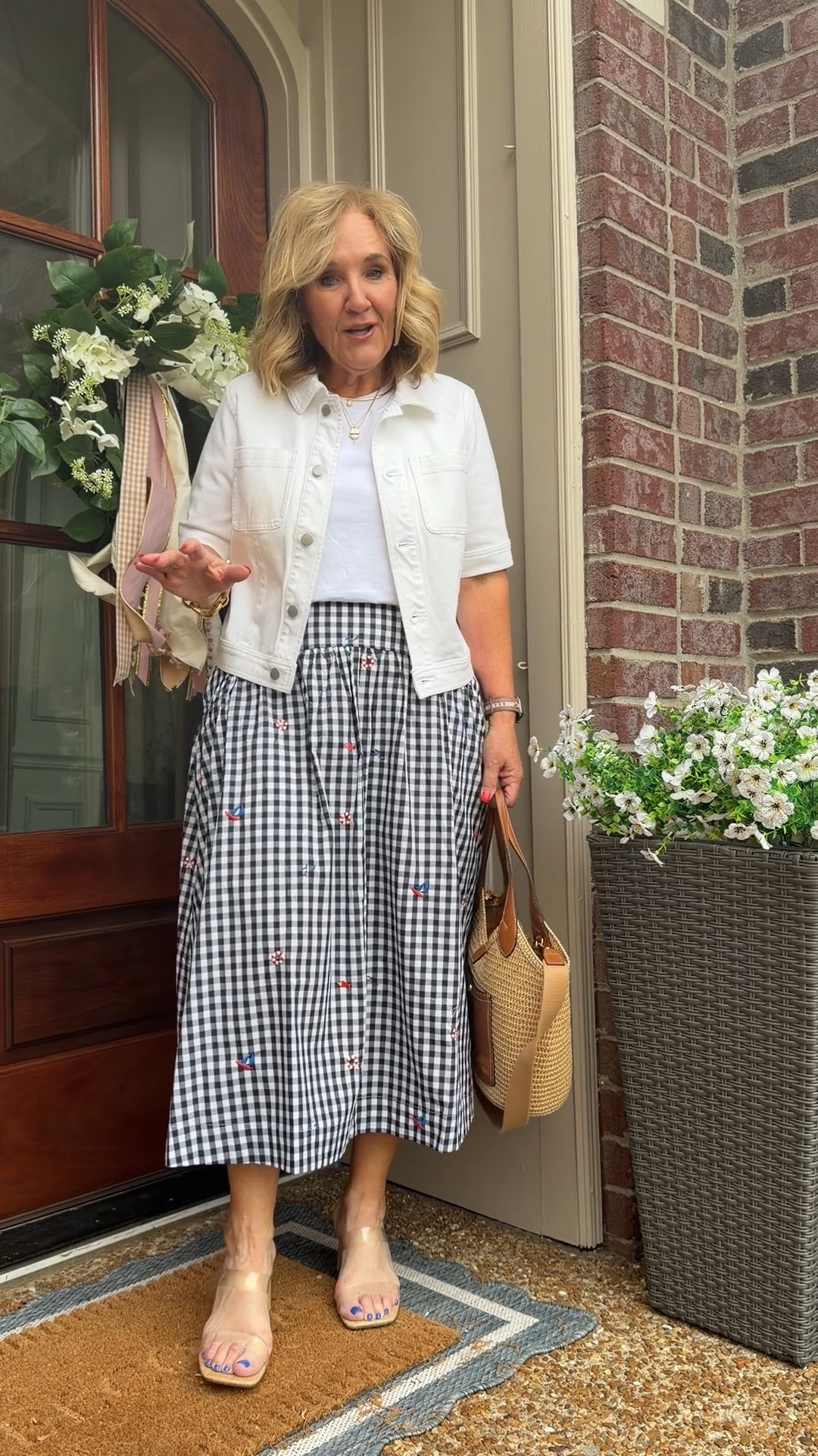 Walmart skirt! Size 8
Talbots denim jacket size medium petite 
Tee size medium 
Shoes tts 
Bag 10% off with code NANETTE stacks on the sale 

#LTKPetite #LTKOver40 #LTKSeasonal