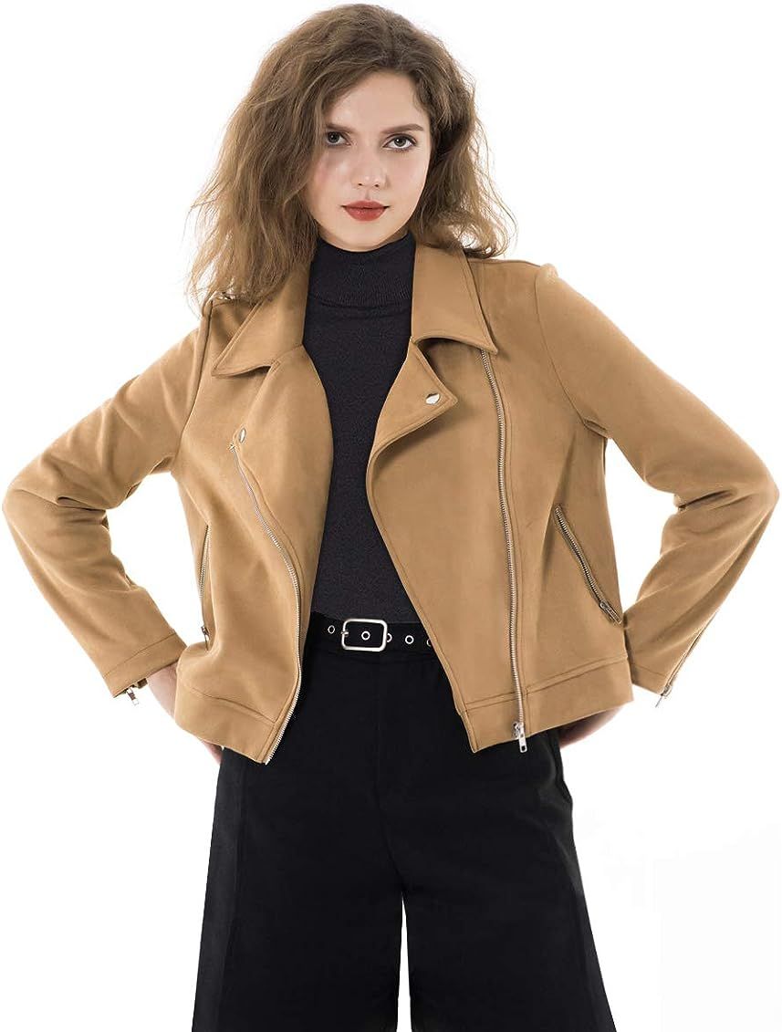 Apperloth Faux Suede Jackets for Women Long Sleeve Zipper Short Moto Biker Coat | Amazon (US)