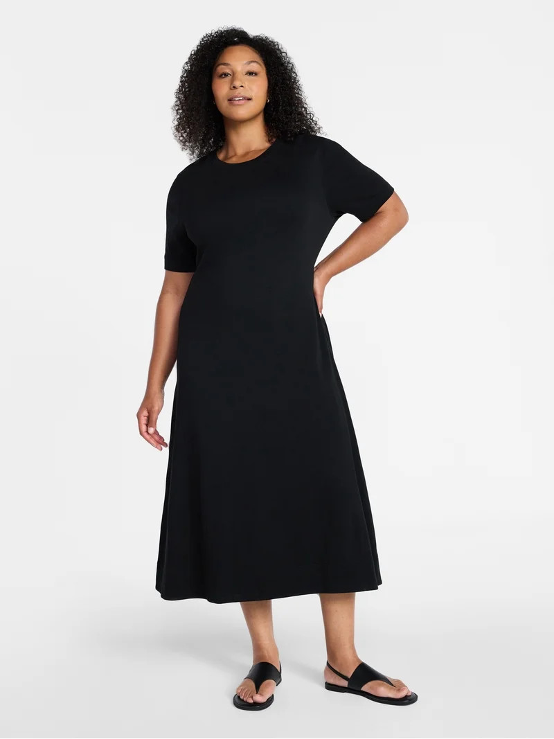 Time and Tru Women's and Women's Plus Seamed Cotton Midi Dress, Sizes XS-4X | Walmart (US)