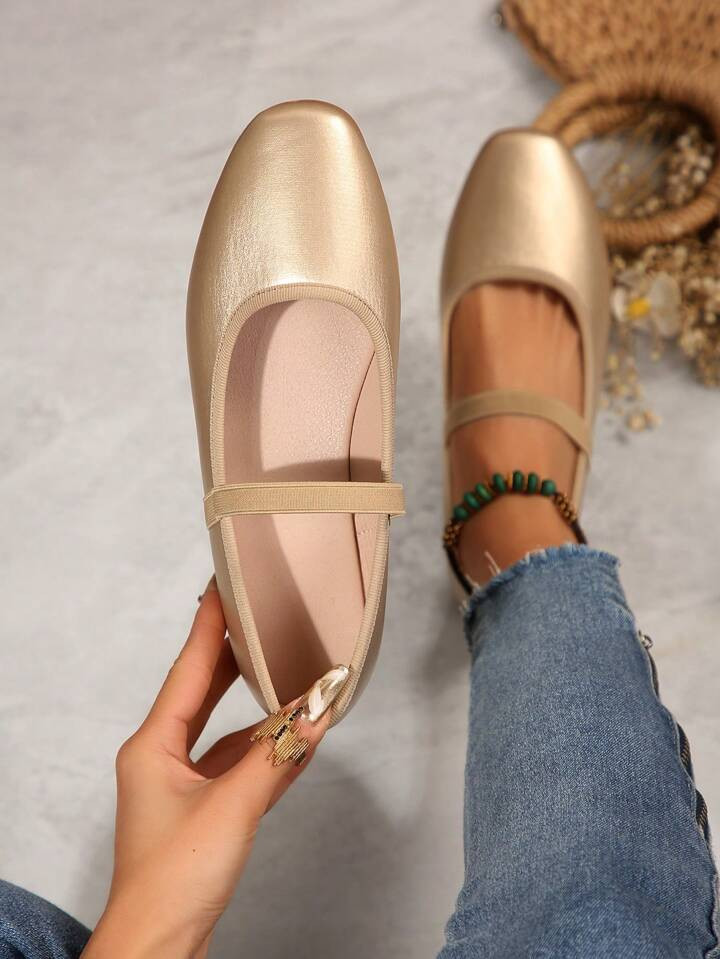 Women's Square Toe Elastic Band Gold Flat Shoes For All Seasons | SHEIN