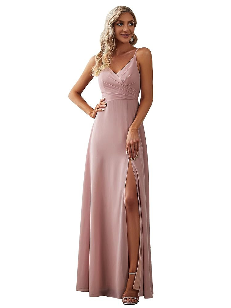 Ever-Pretty Women's Sexy Chiffon Ruched V-Neck Slit Floor-Length Pink Formal Dress Pink Outfit | Amazon (US)