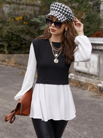 2 In 1 Two Tone Peplum Top | SHEIN