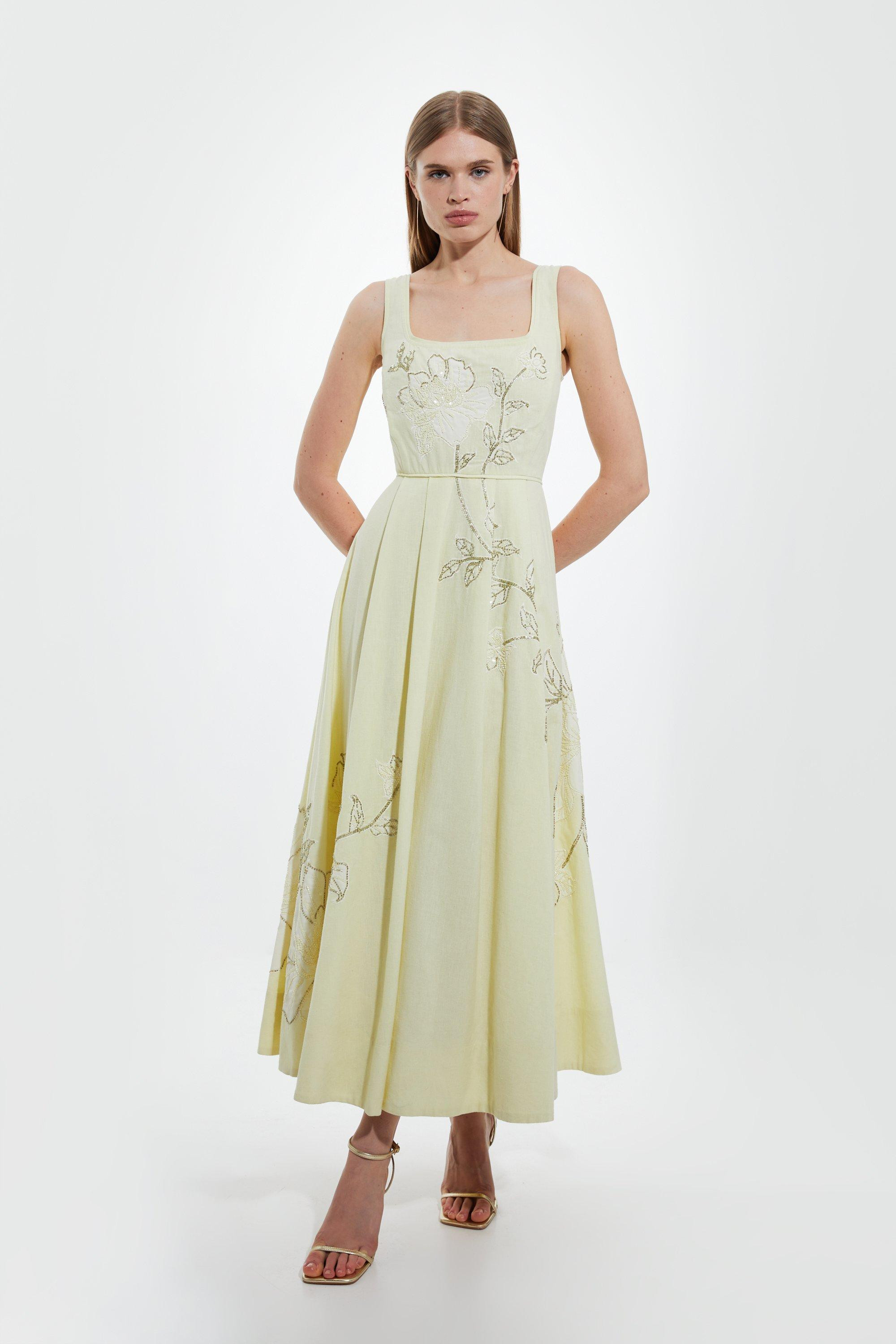 Linen Cotton Hand Embellished Woven Prom Dress | Karen Millen UK + IE + DE + NL