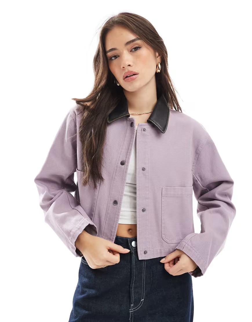 ASOS DESIGN cropped washed barn jacket with leather look collar in grey lilac-Purple | ASOS (Global)