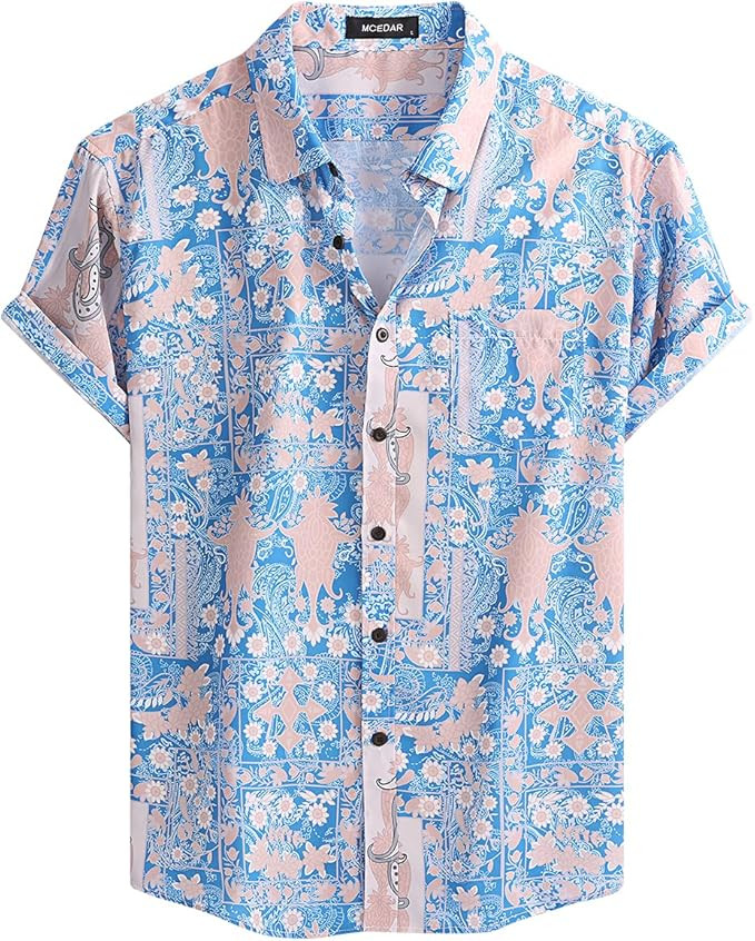 MCEDAR Mens Casual Short Sleeve Button Up Vintage Summer Hawaiian Beach Vacation Shirts (Size S-5... | Amazon (US)