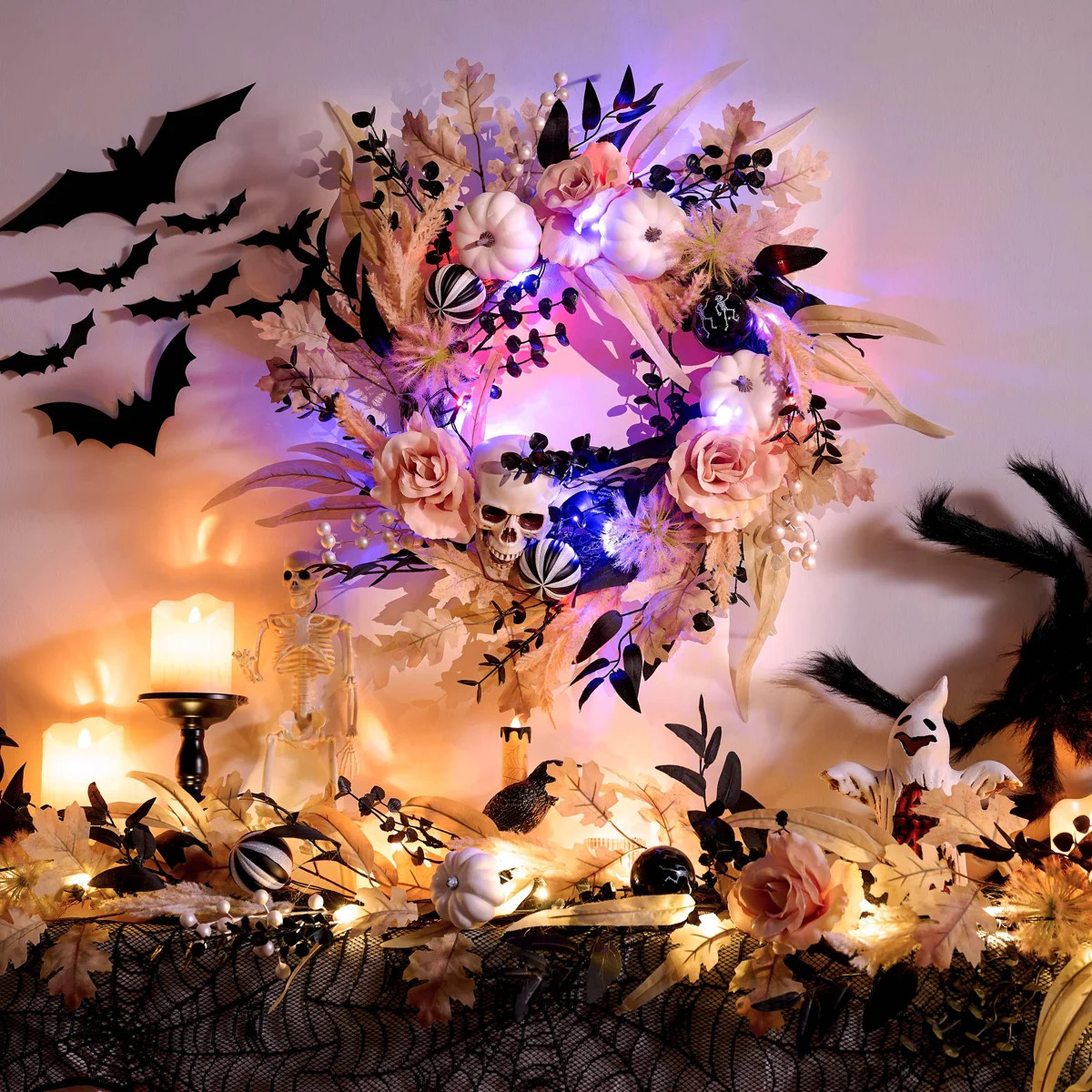 24 Inch Collapsible Halloween Wreath for Front Door with Lights, Pre-Lit Fall White Pumpkin Skull Wreath Pink Roses Halloween Decorations Indoor for | Wayfair North America