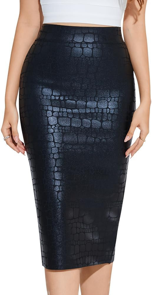 Black Midi Bandage Skirts for Women Faux Leather Metallic High Waisted Bodycon Pencil Skirt | Amazon (US)