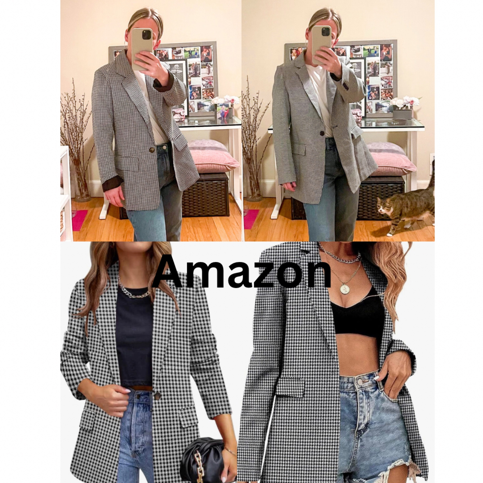 Two great oversized houndstooth blazers! Fall outfit casual teacher outfit 
On the left: slightly more tailored, pockets, brown button closure, sewed hem in the back, more bright white contrast in the pattern.
On the right: more boxy, oversized, open slit in back, pockets, brown button closure, came more wrinkled 
Love both! Ultimately chose the right fit more oversized look and open vent in back 
Casual work wear, dinner, girls night, date night 
Wearing S in both 
Amazon blazer 

#LTKover40 #LTKmidsize #LTKworkwear