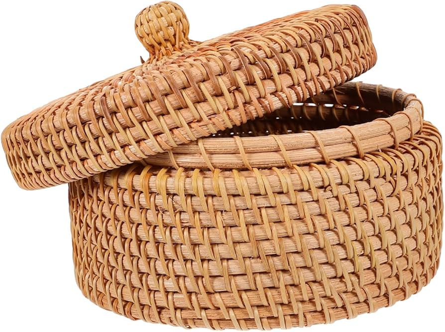 ULTNICE Round Rattan Storage Box with Lid - Hand Woven Rattan Basket for Desktop or Decorative Us... | Amazon (US)