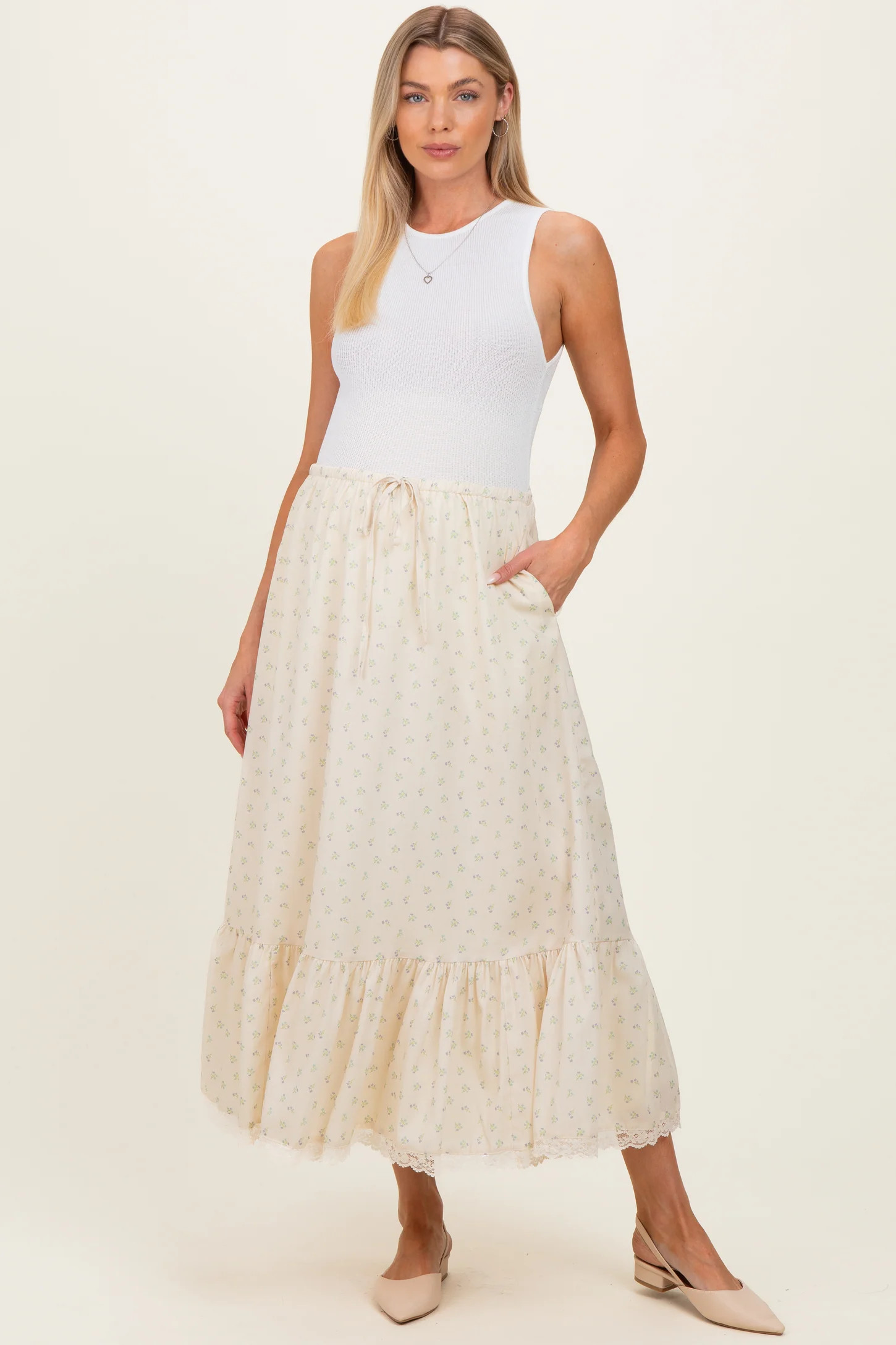 Ivory Print Lace Trim Maternity Midi Skirt | PinkBlush Maternity