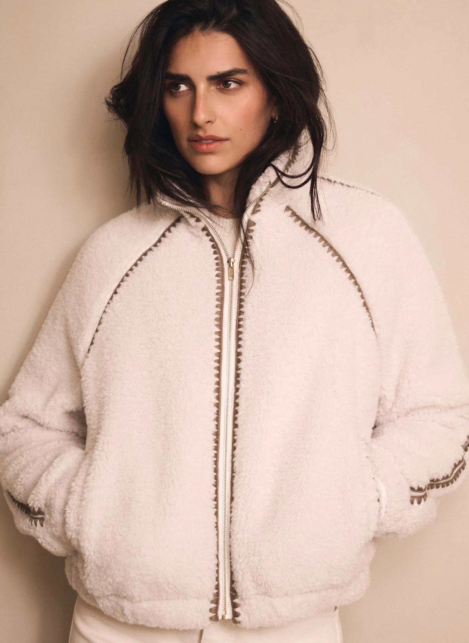 Cream Whipstitch Detail Borg Jacket | Mint Velvet