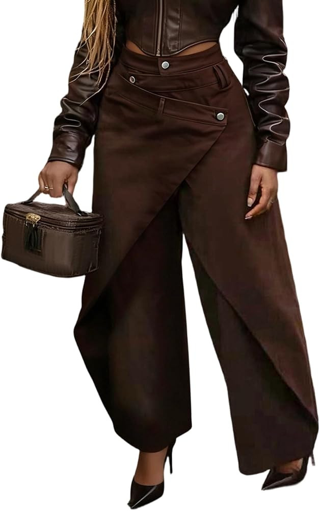 Women High Waisted Asymmetry Button Wrap Baggy Wide Leg Jeans | Amazon (US)