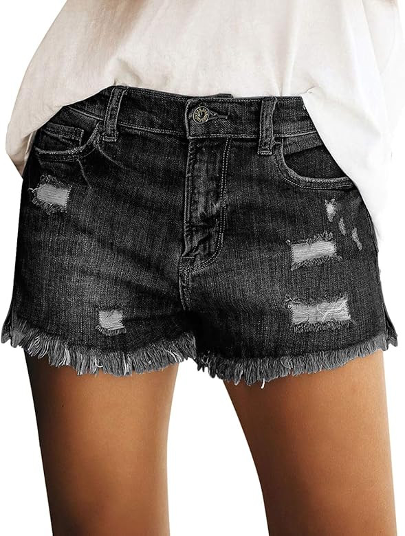 luvamia Women's Casual Mid Rise Denim Shorts Stretch Ripped Raw Hem Jean Shorts | Amazon (US)