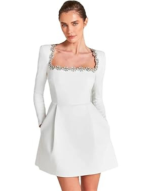 Women's Square Neck Long Sleeve Diamond Bandage Mini Party Dresses | Amazon (US)