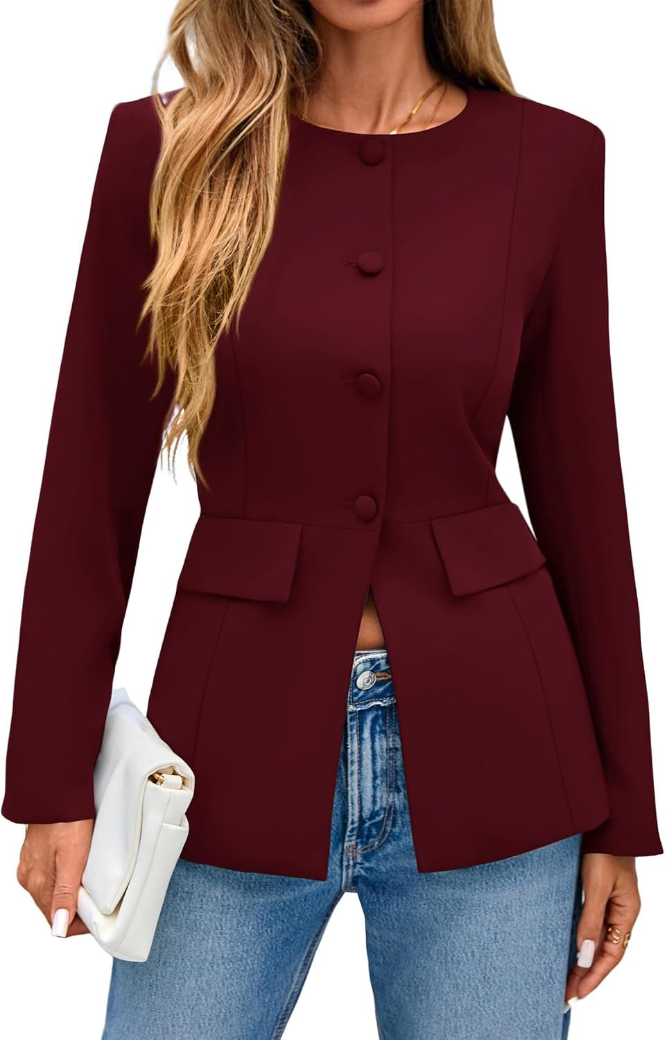 Lazysmile Blazers for Women Long Sleeve Crewneck Button Down Suit Jackets | Amazon (US)