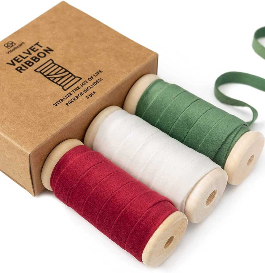 Vitalizart Christmas Velvet Ribbon Set 3/8"" x 15Yd Wooden Spool Fabric Trim Eco-Friendly 3 Rolls... | Amazon (US)