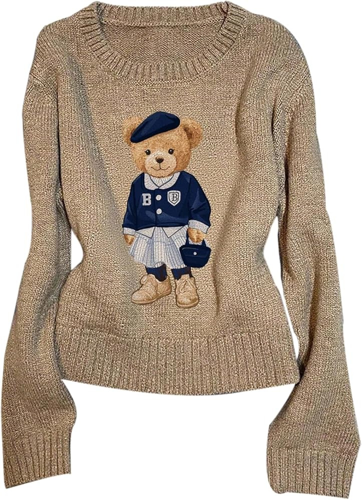 GORGLITTER Women's Bear Sweater Cute Long Sleeve Crew Neck Knitted Pullover Tops | Amazon (US)