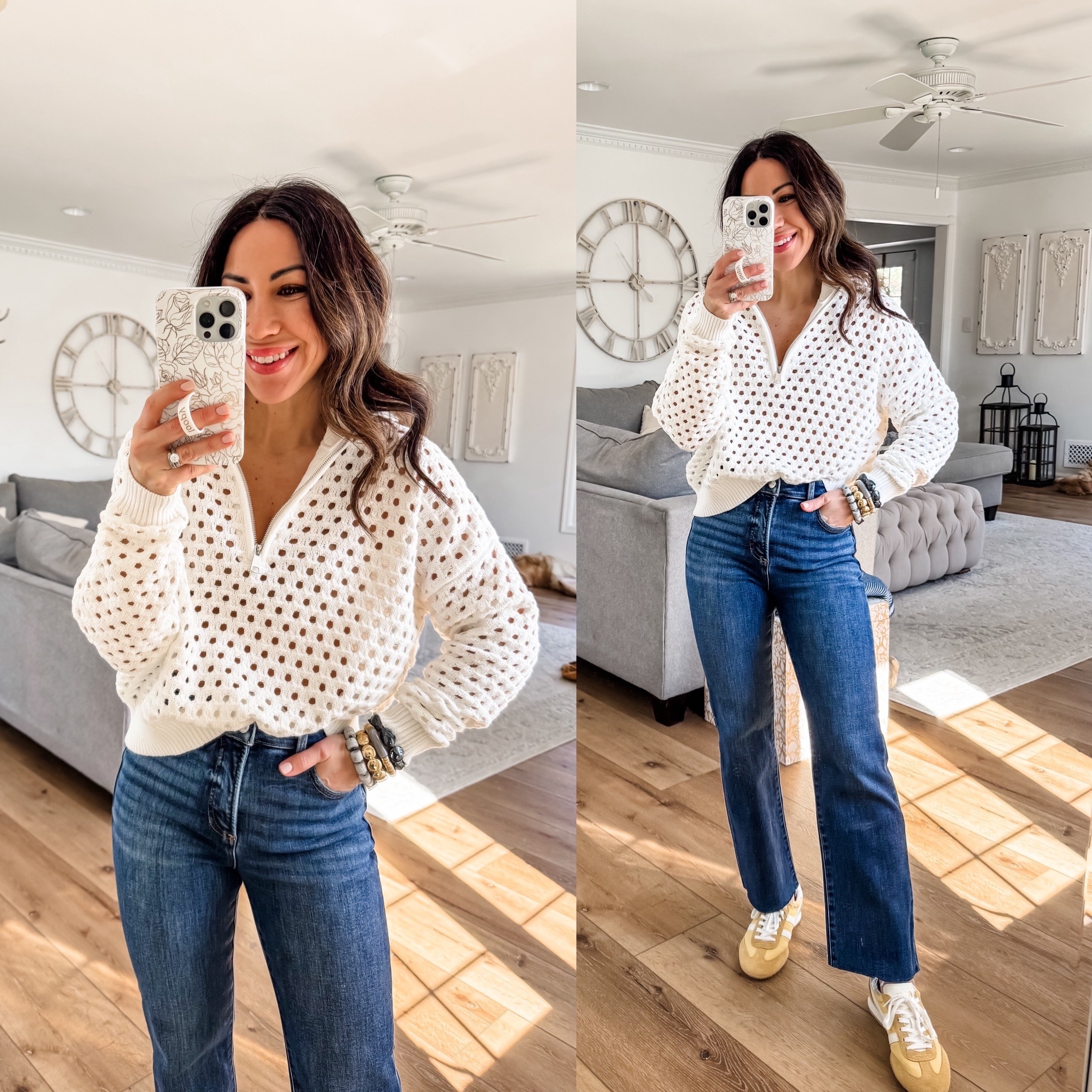 Small sweater. 25 jeans. Sneakers TTS.

#LTKPetite #LTKOver40