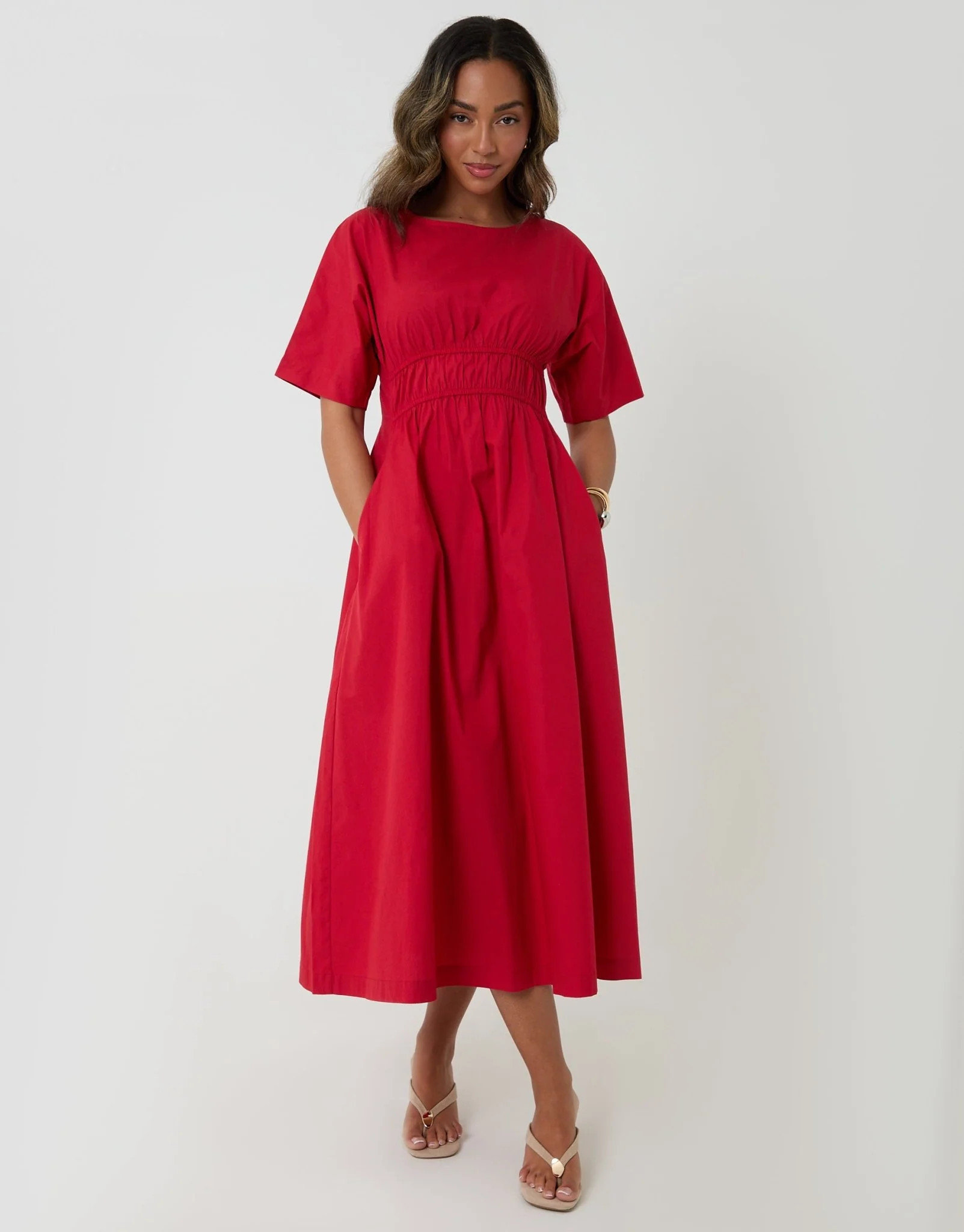 Elasticated Waist Pure Cotton Midi Dress in Red | Threadbare UK