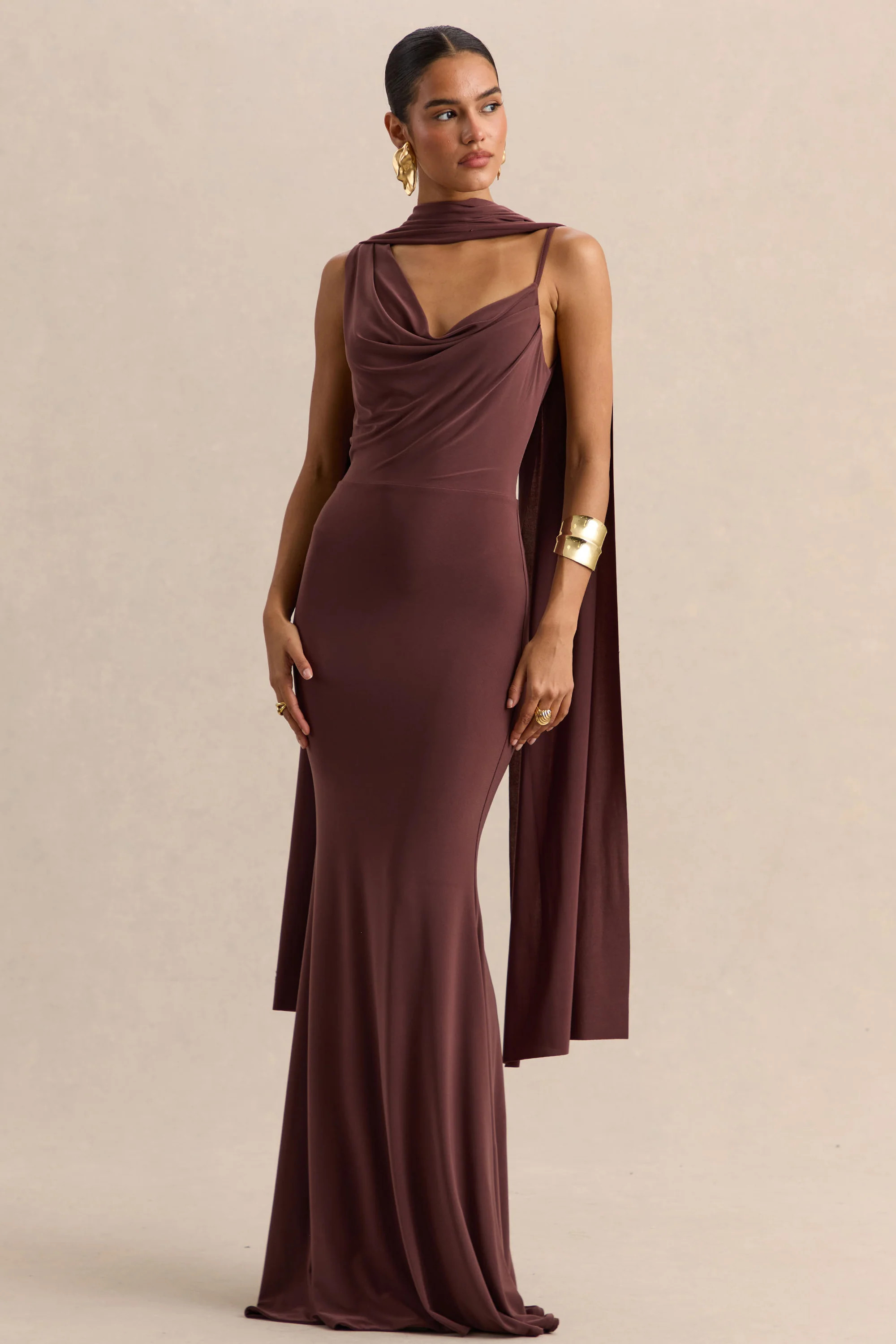 Armelia | Brown Cowl-Neck Maxi Dress With Scarf-Detail | Club L London
