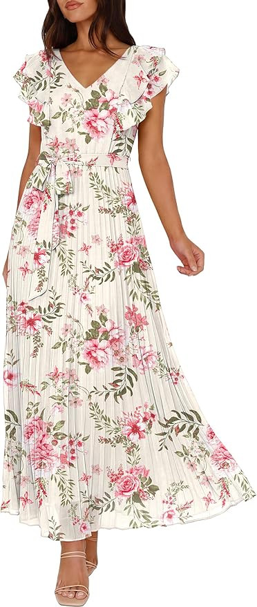 ANRABESS Women V Neck Ruffle Sleeve Floral Pleated Maxi Dresses Summer Boho Belt Empire Waist Wed... | Amazon (US)