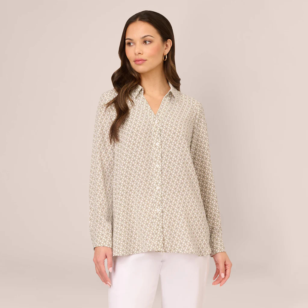 Lightweight Printed Button Down Shirt With Long Sleeves In Ivory Tan Chain Geo | Adrianna Papell