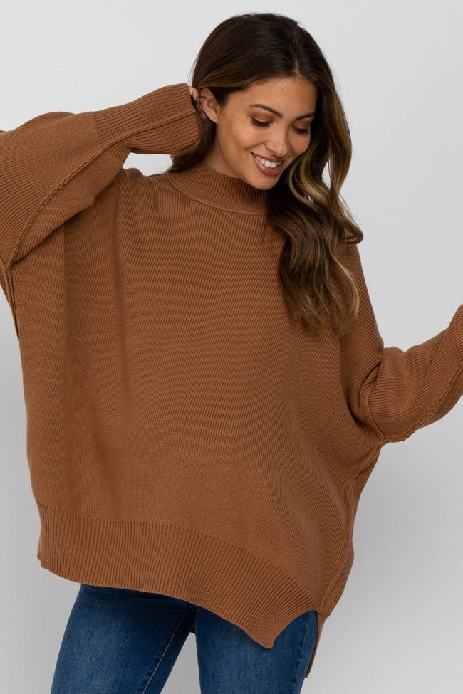 Camel Mock Neck Exposed Seam Maternity Sweater | PinkBlush Maternity