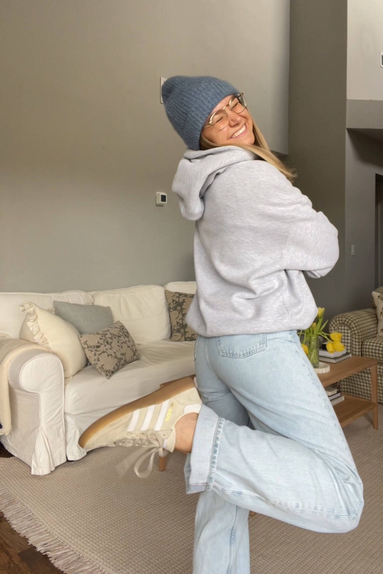 Hat is sezane, sold out. Sweatshirt is amazon (wearing size large it SHRINKS). Pants are and other stories. Shoes are adidas! 