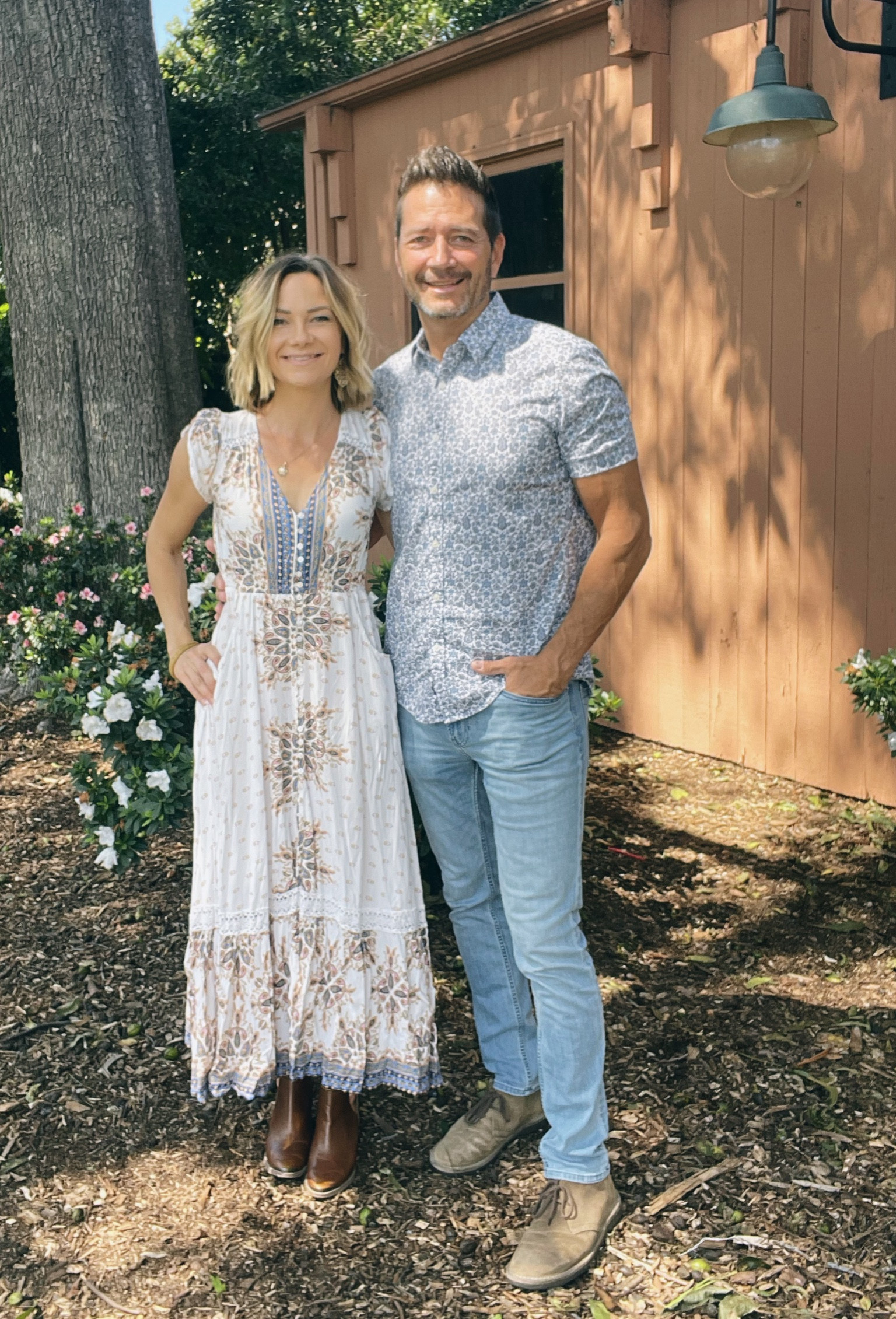 his & hers Sunday best! Her gorgeous boho dress pairs perfectly with his light blue denim and floral top! 