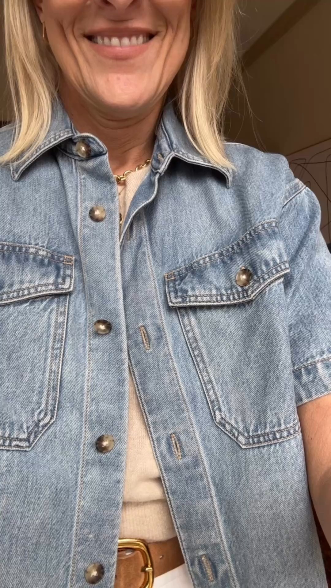 Denim top and belt 25% off for insiders through tonight. 

LOVE this denim top. I’ve worn buttoned up as a shirt, but also as a cardigan as shown here.

Kut from Kloth denim - size down one! 
Sweater - sized up to medium

#LTKSaleAlert #LTKStyleTip #LTKOver40