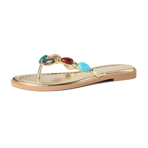 DREAMSTORY Women's Jewelled Thong Sandal Open Round Toe Flip Flops Comfy Slip on Flats Sandals Casual Summer Beach Slippers Gold 9.5 | Amazon (US)