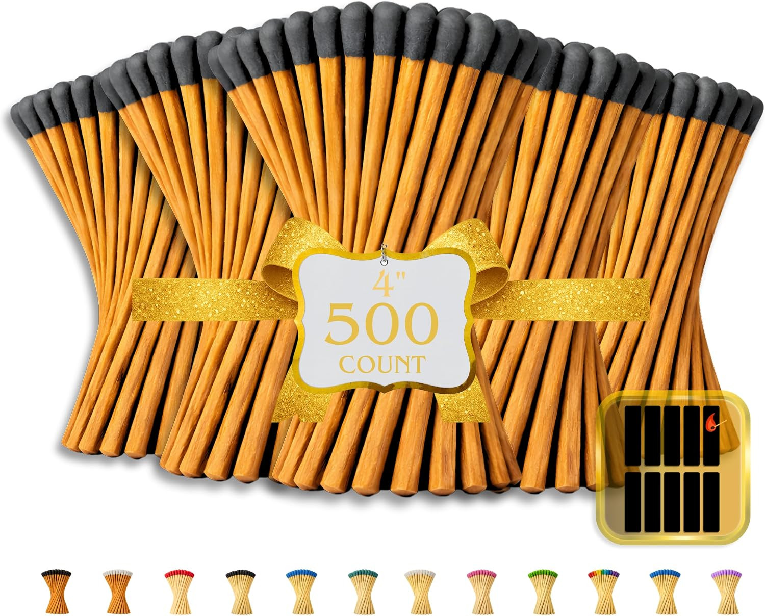 500 Count | 4" Brown Stick Matches | Strikers Included | Color Tip Wooden Match | Refill for Matchstick Jars, Candle Display, Holders & Bottles | 4 in inches Long | Amazon (US)