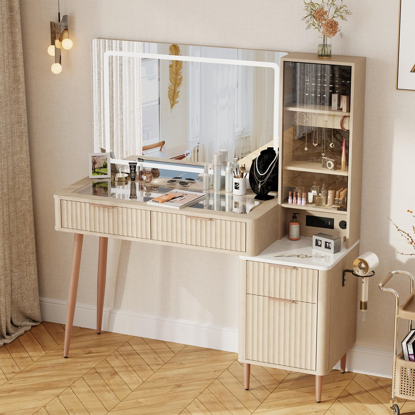 Fluted Makeup Vanity Desk with Mirror and Lights, 3 Color Modes & Adjustable Brightness Dressing ... | Amazon (US)