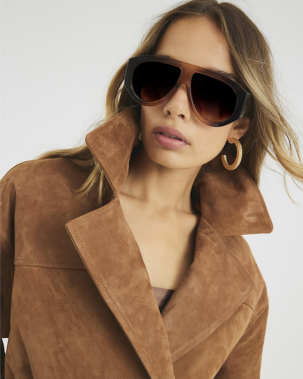 Brown Suede Cropped Trench Coat | River Island UK & IE