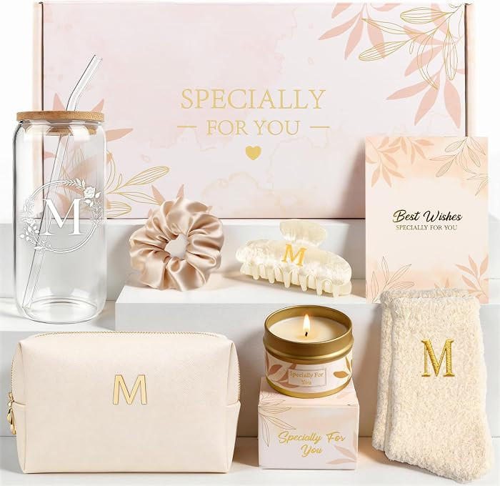M Personalized Gifts for Women - Initial Cute Hair Clips + Glass Cups w/Lids Straws, Makeup Bag M... | Amazon (US)