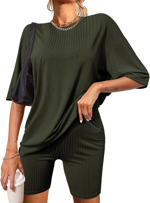 Pajamas 2 Piece Lounge Sets Ribbed Knit Matching Outfits T-shirt Biker Shorts Sleepwear Loungewea... | Amazon (US)