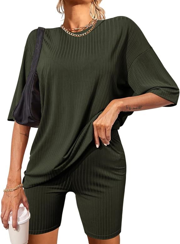 Pajamas 2 Piece Lounge Sets Ribbed Knit Matching Outfits T-shirt Biker Shorts Sleepwear Loungewea... | Amazon (US)