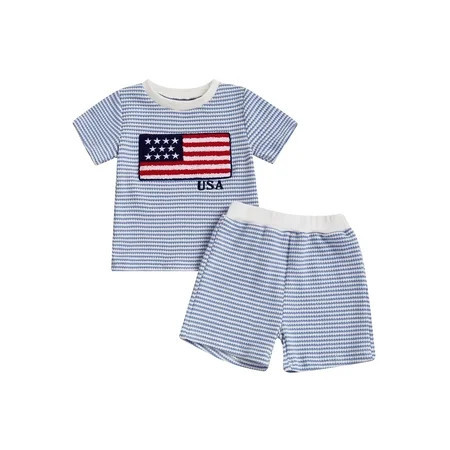 Loicainy Toddler Baby Boy 4th of July Clothes Set 6 12 18 24 Months 2T 3T 4T Flag Embroidery Striped Crew Neck Short Sleeve T-Shirt and Shorts 2 Pcs Independence Day Outfits | Walmart (US)